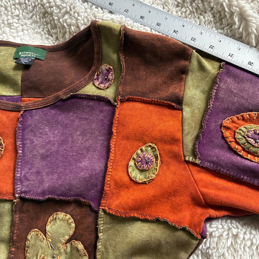 Vintage Boho Patchwork Shirt Womens Large Colorful Long Sleeve 100% Cotton - Picture 9 of 9